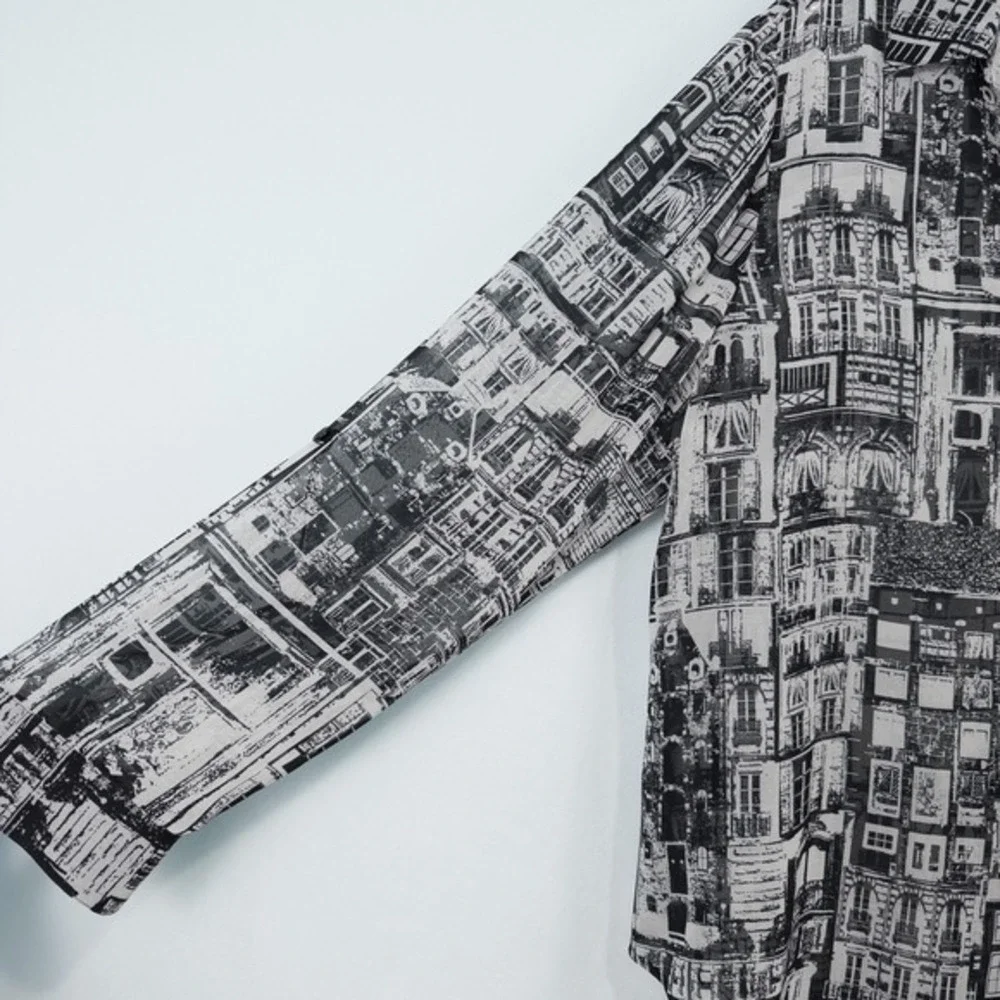 Chicos Cityscape Sheer Chiffon Button Shirt 3 (XL)‎ Monochrome Urban Retro Artsy - Picture 12 of 16